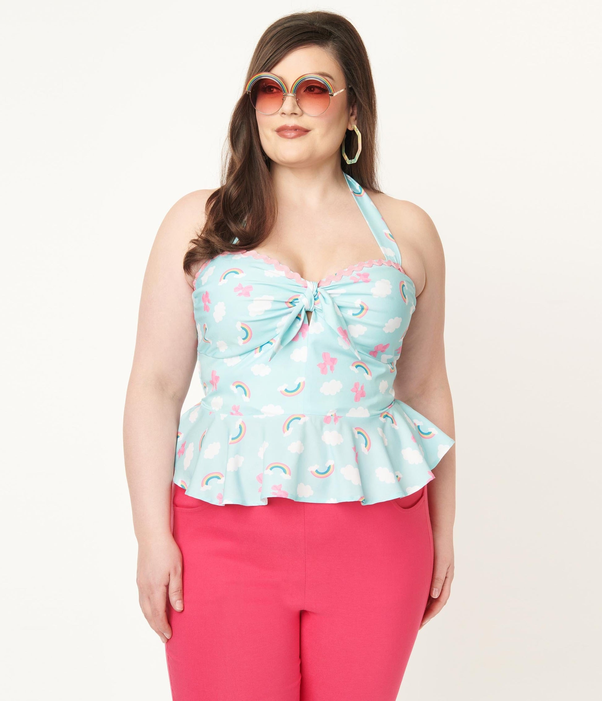 1970s Unique Vintage Plus Size Aqua & Rainbow Print Peplum Halter Top