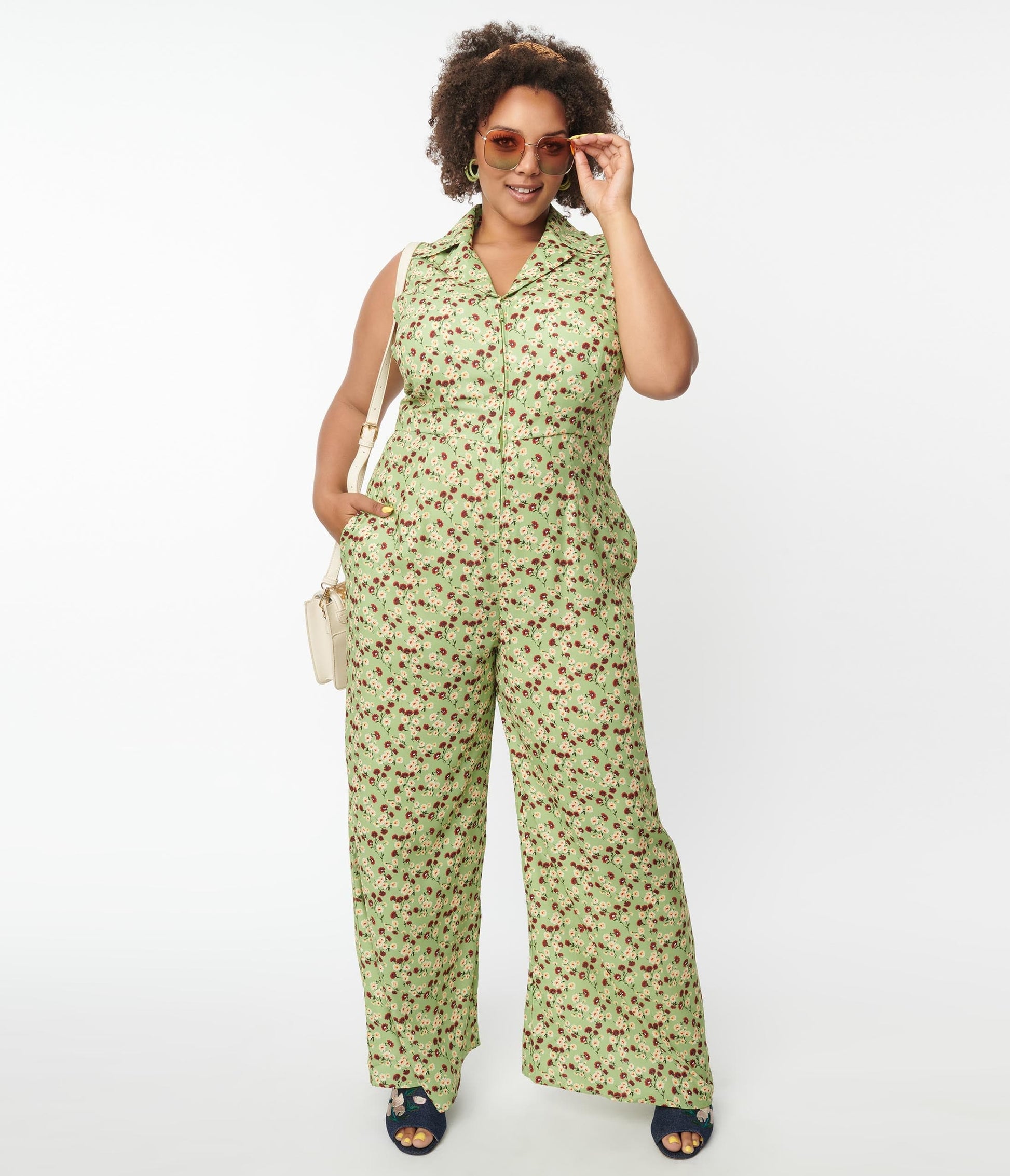 Plus Size Green & Red Flower Print Harley Jumpsuit