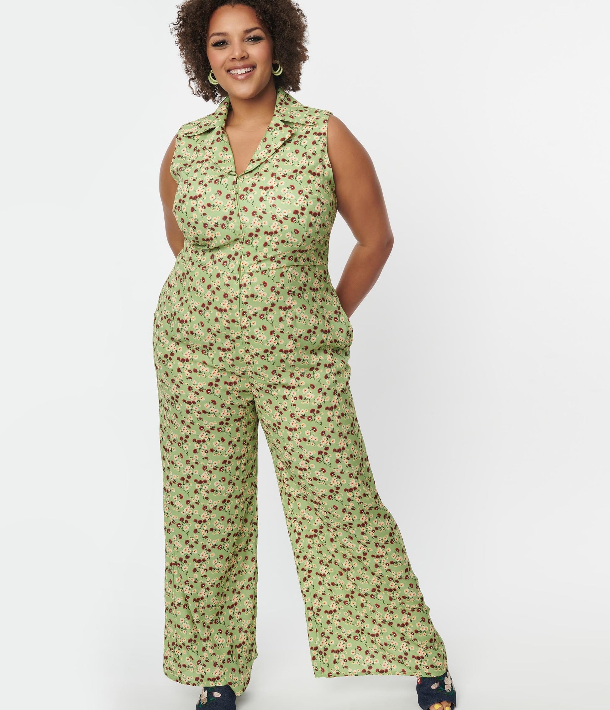 Plus Size Green & Red Flower Print Harley Jumpsuit