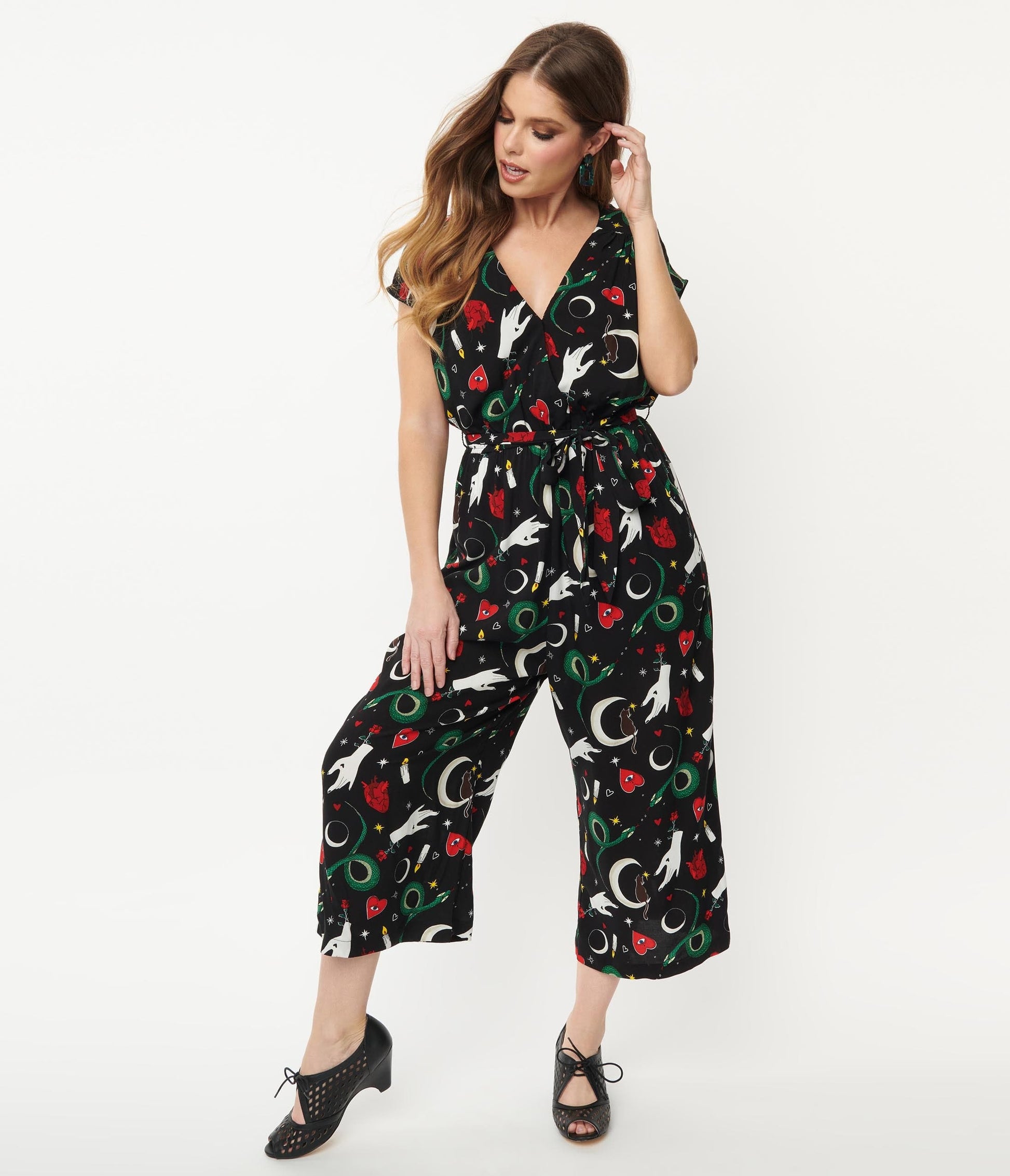 Hell Bunny Black & Good Fortune Print Jumpsuit