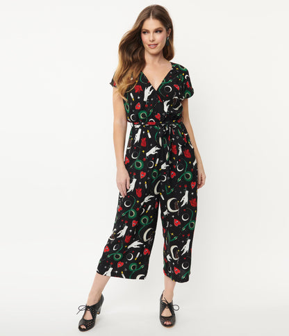 Hell Bunny Black & Good Fortune Print Jumpsuit