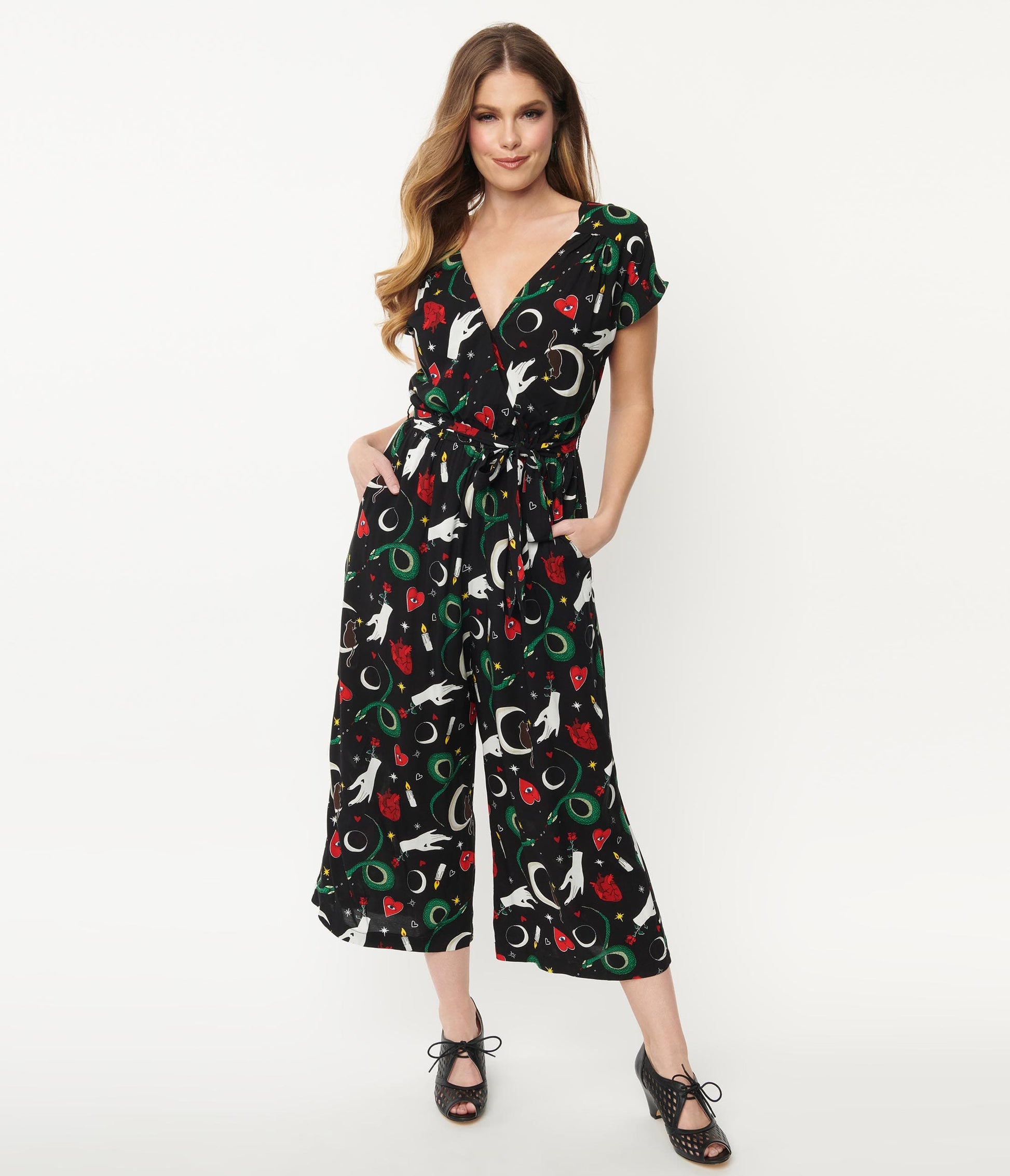 Hell Bunny Black & Good Fortune Print Jumpsuit