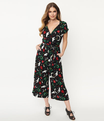 Hell Bunny Black & Good Fortune Print Jumpsuit