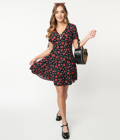 Hell Bunny Black & Lolly Hearts Print Flare Dress