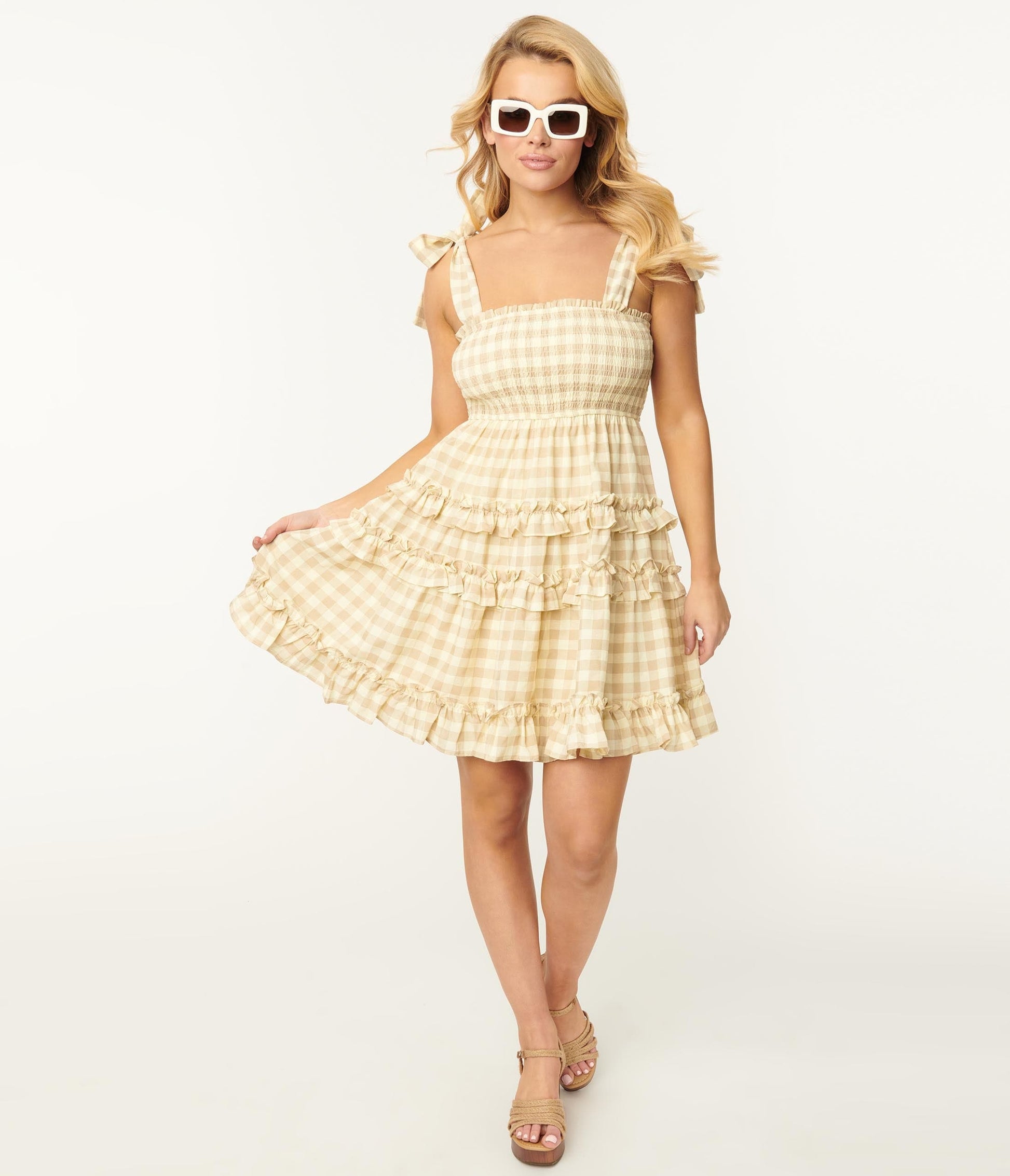 Light Yellow Gingham Smocked Flare Dress