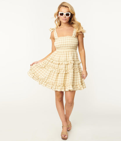Light Yellow Gingham Smocked Flare Dress