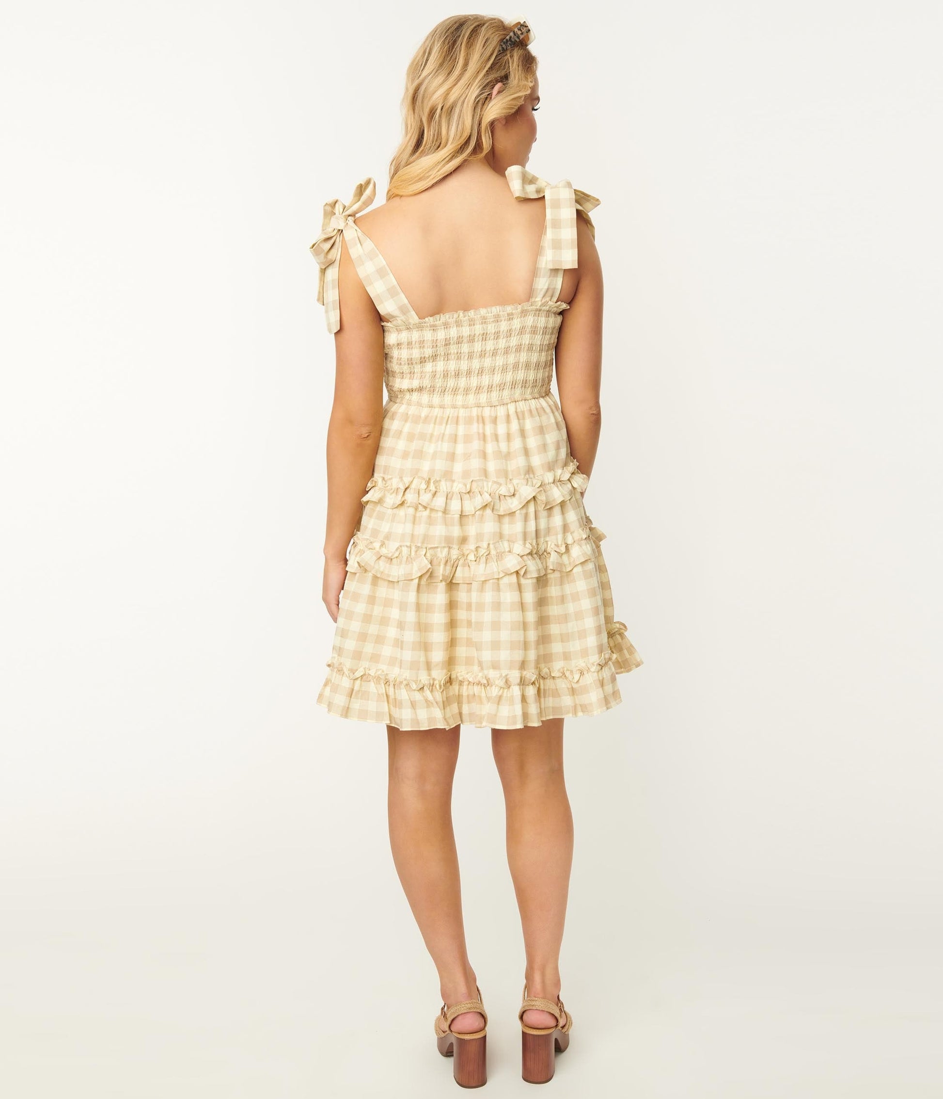 Light Yellow Gingham Smocked Flare Dress