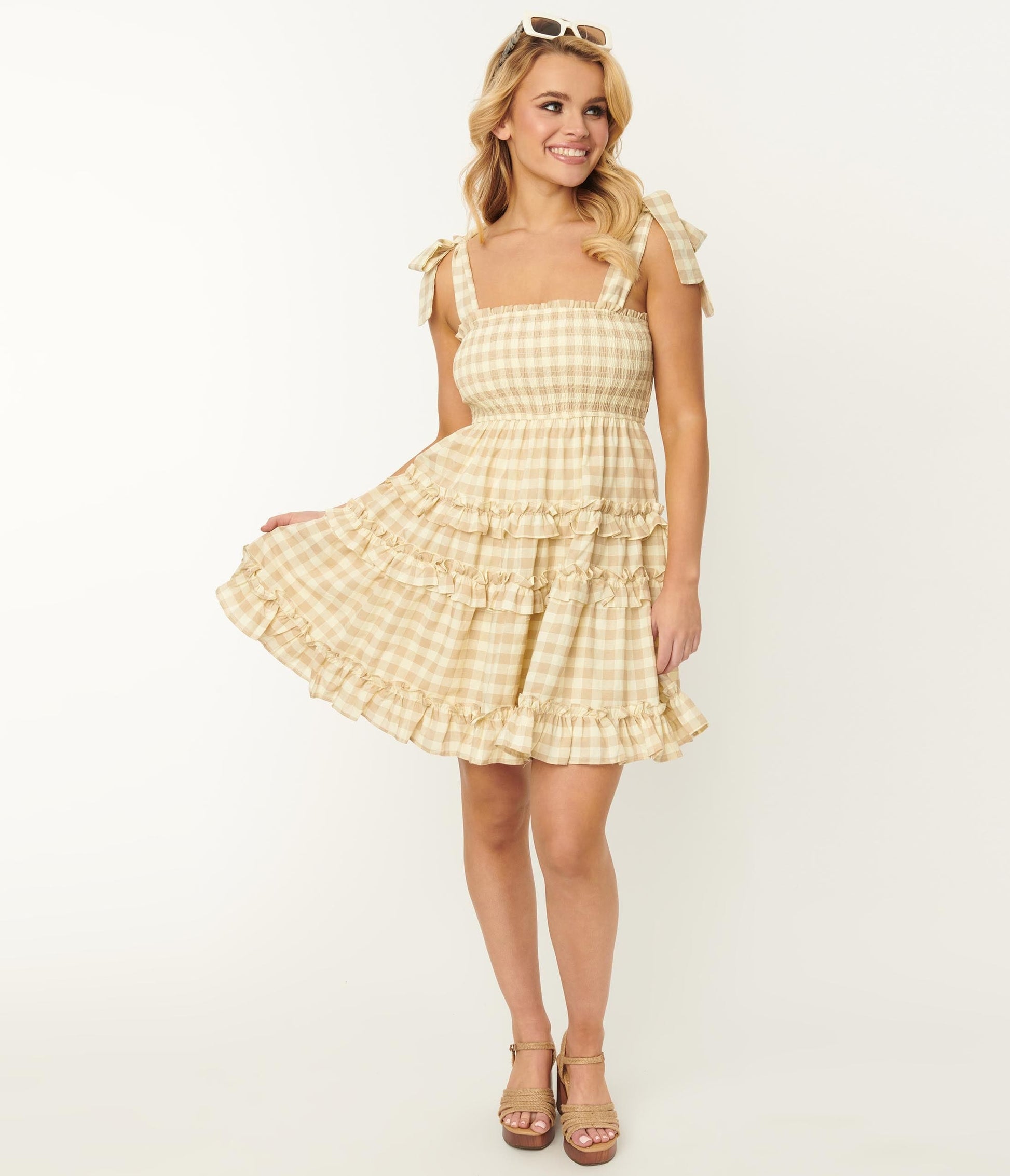 Light Yellow Gingham Smocked Flare Dress