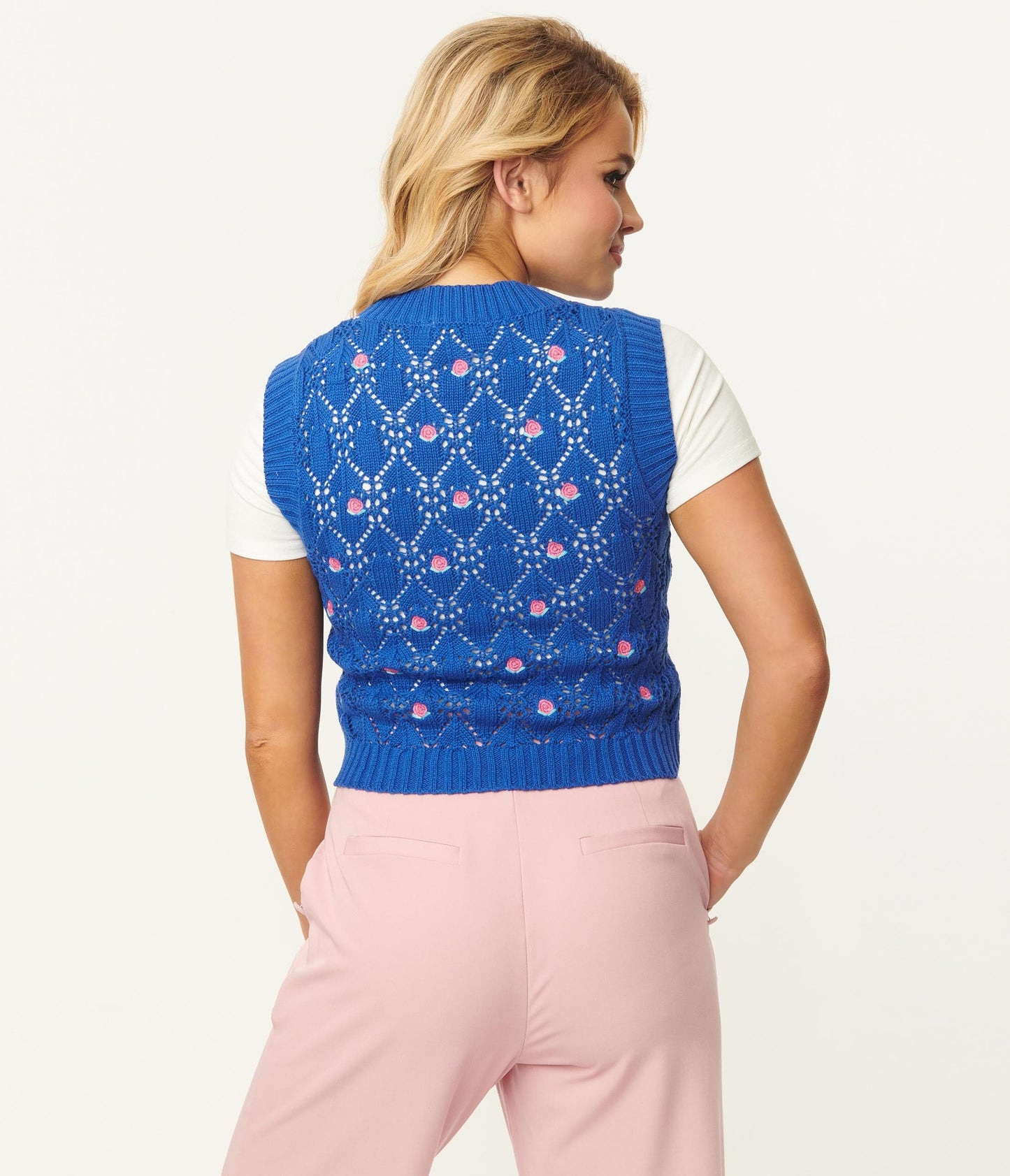 1970s Blue & Pink Flower Crochet Sweater Vest