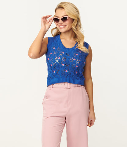 1970s Blue & Pink Flower Crochet Sweater Vest