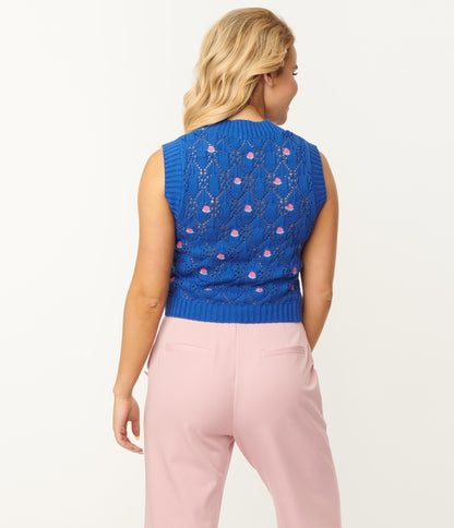 1970s Blue & Pink Flower Crochet Sweater Vest