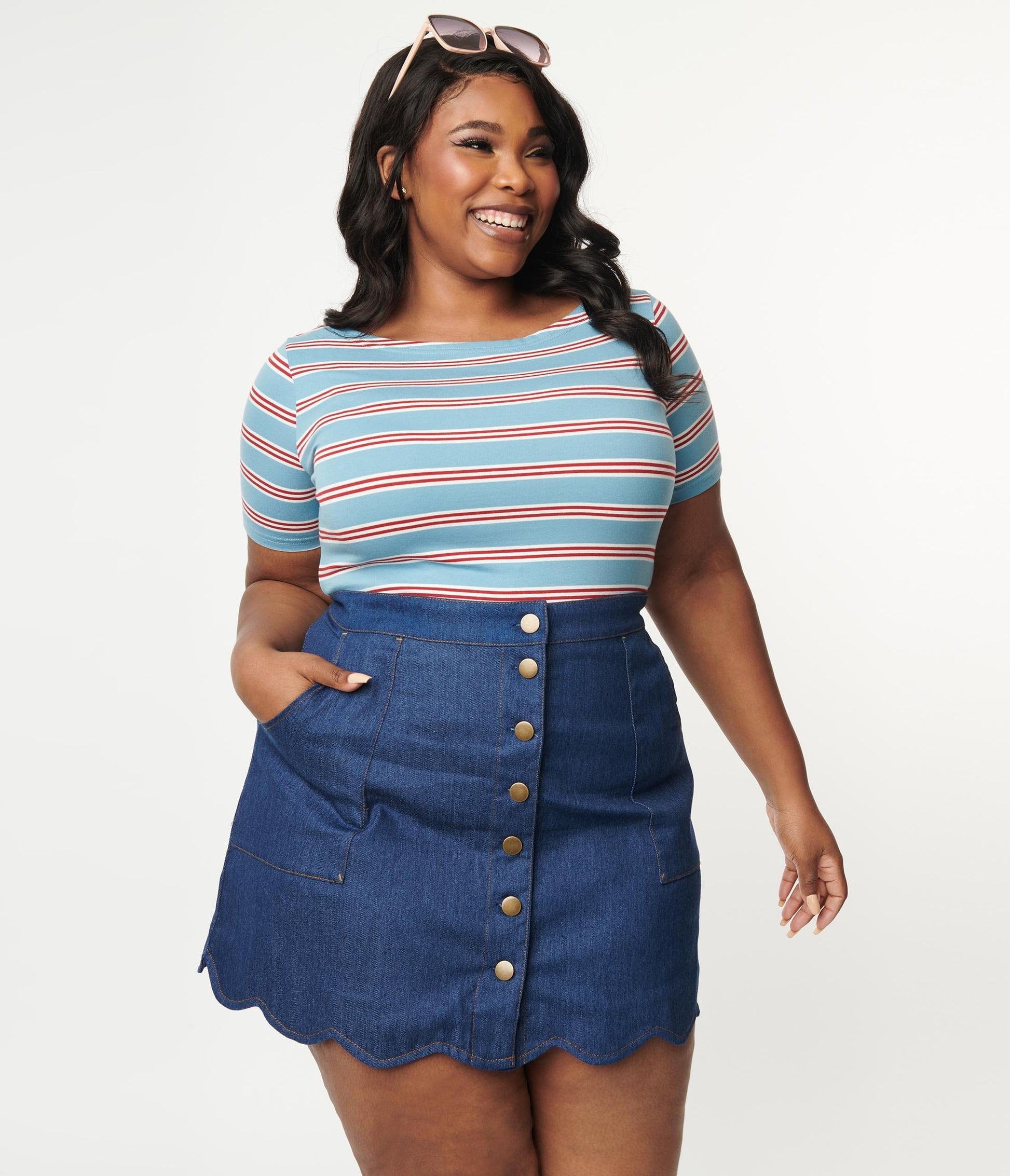 1950s Plus Size Blue & Red Striped Top