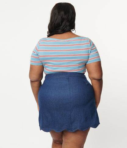 1950s Plus Size Blue & Red Striped Top