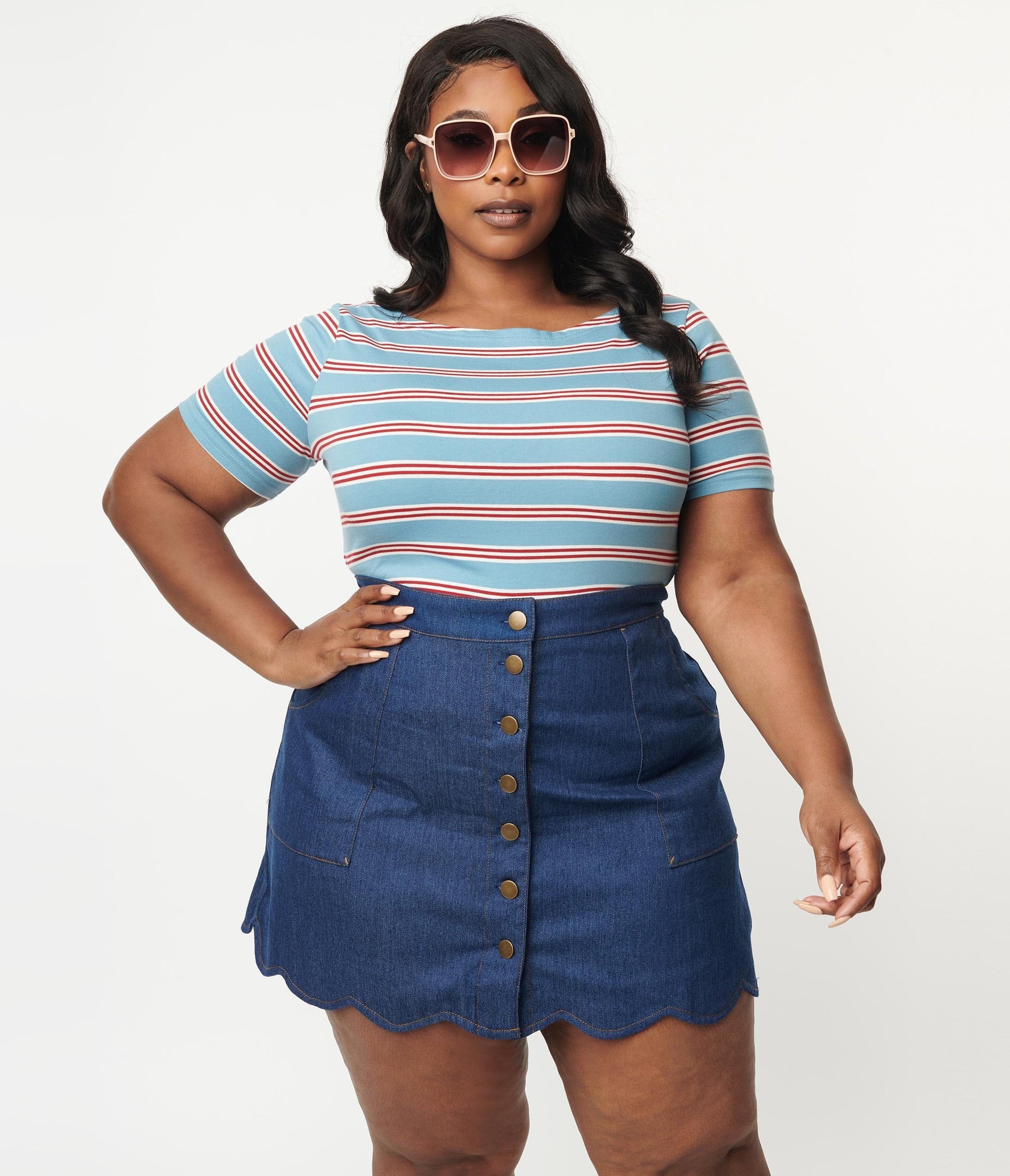1950s Plus Size Blue & Red Striped Top