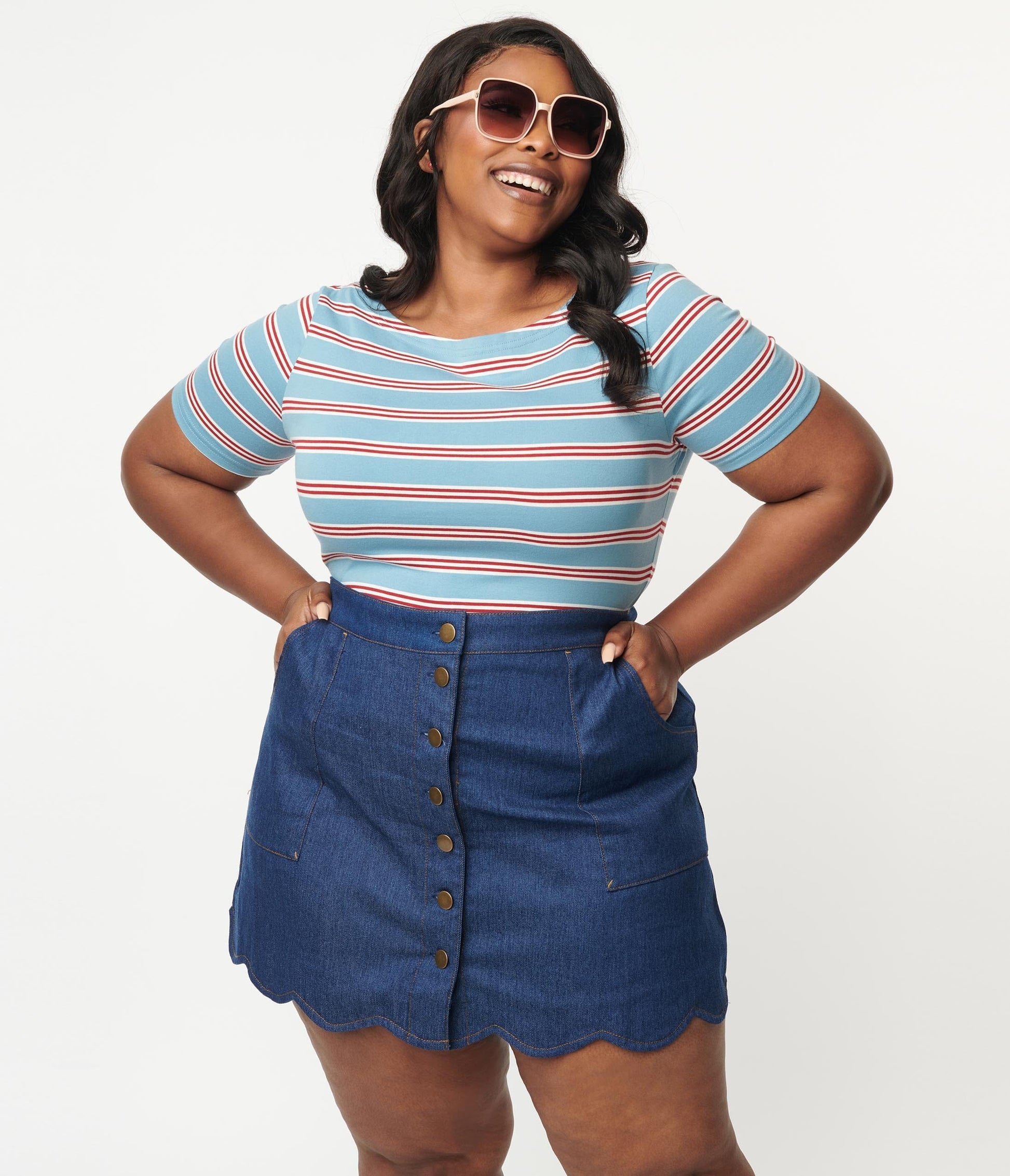 1950s Plus Size Blue & Red Striped Top