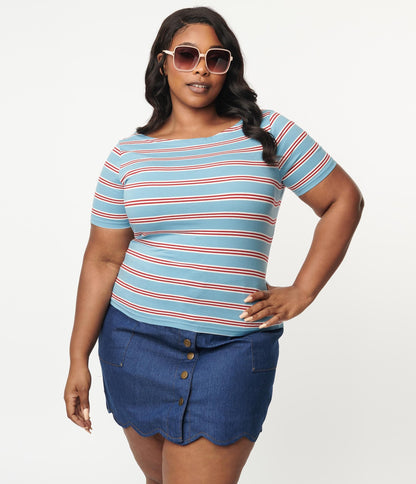 1950s Plus Size Blue & Red Striped Top
