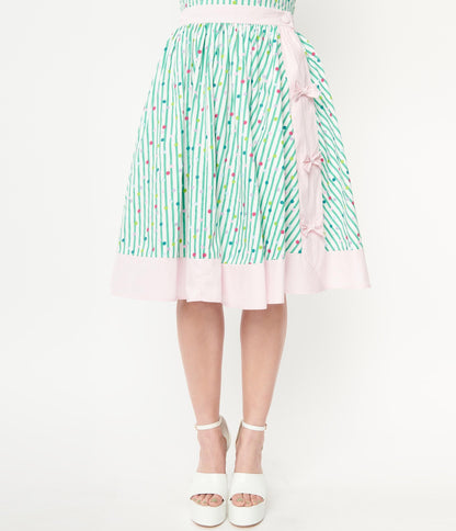 1950s Unique Vintage Green Striped & Multicolor Polka Dot Rye Swing Skirt