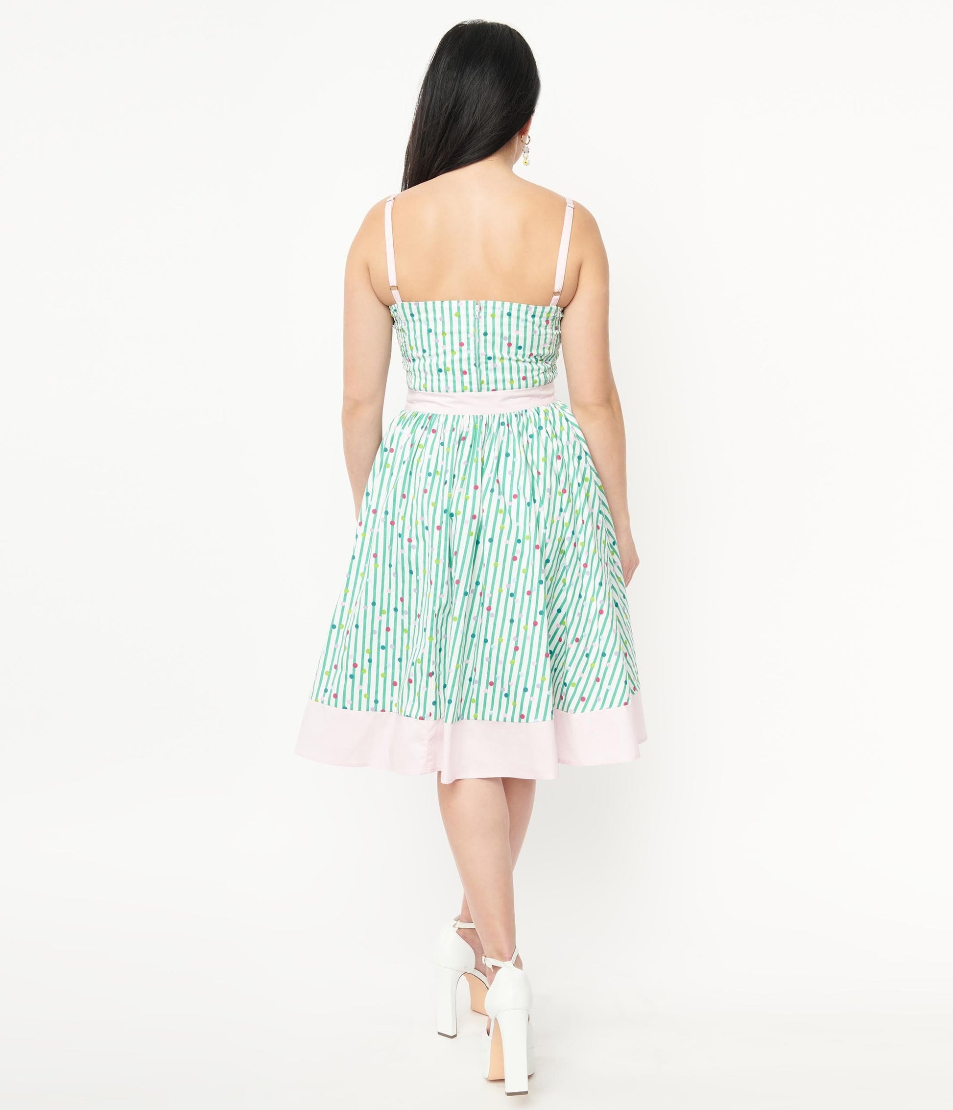 1950s Unique Vintage Green Striped & Multicolor Polka Dot Rye Swing Skirt