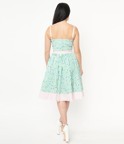 1950s Unique Vintage Green Striped & Multicolor Polka Dot Rye Swing Skirt