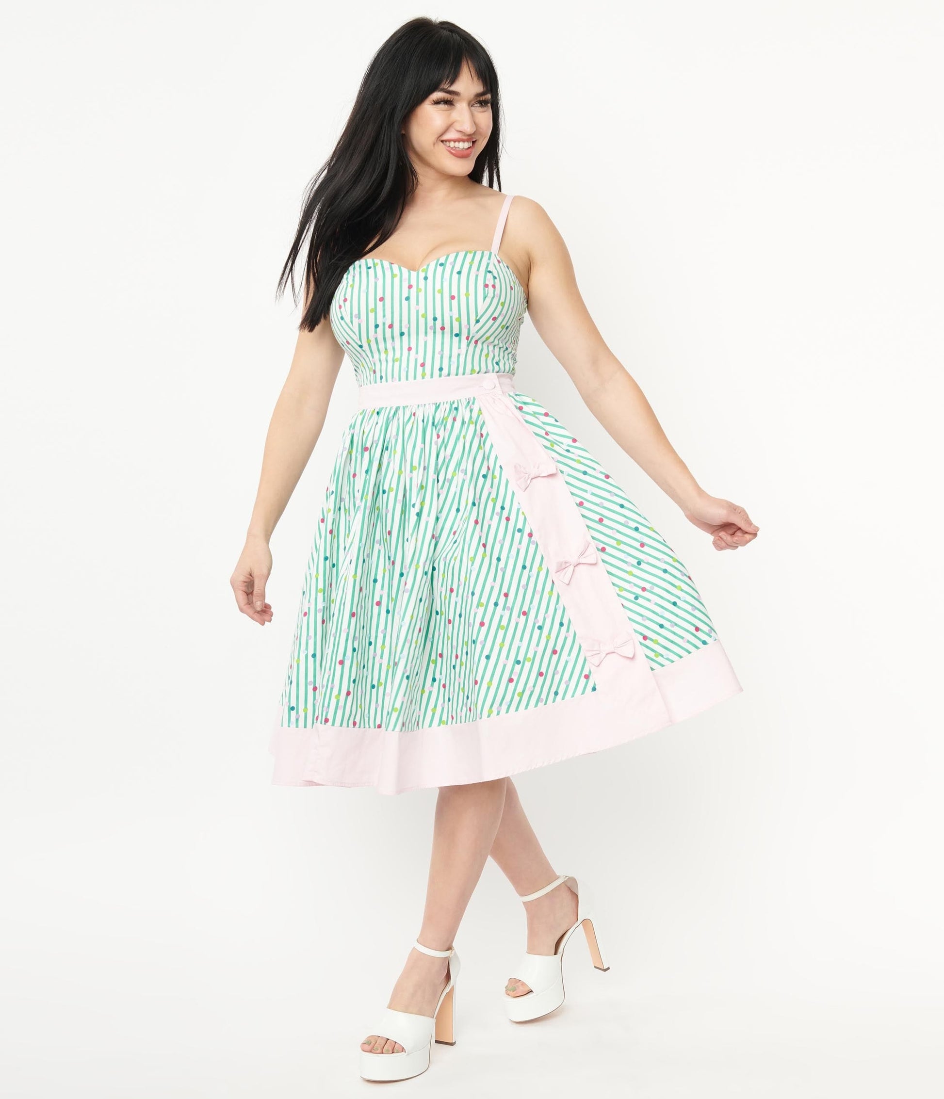 1950s Unique Vintage Green Striped & Multicolor Polka Dot Rye Swing Skirt