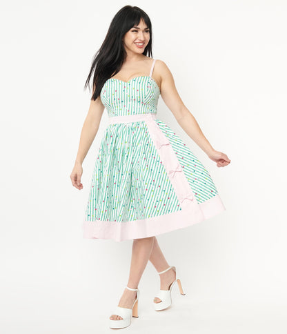 1950s Unique Vintage Green Striped & Multicolor Polka Dot Rye Swing Skirt