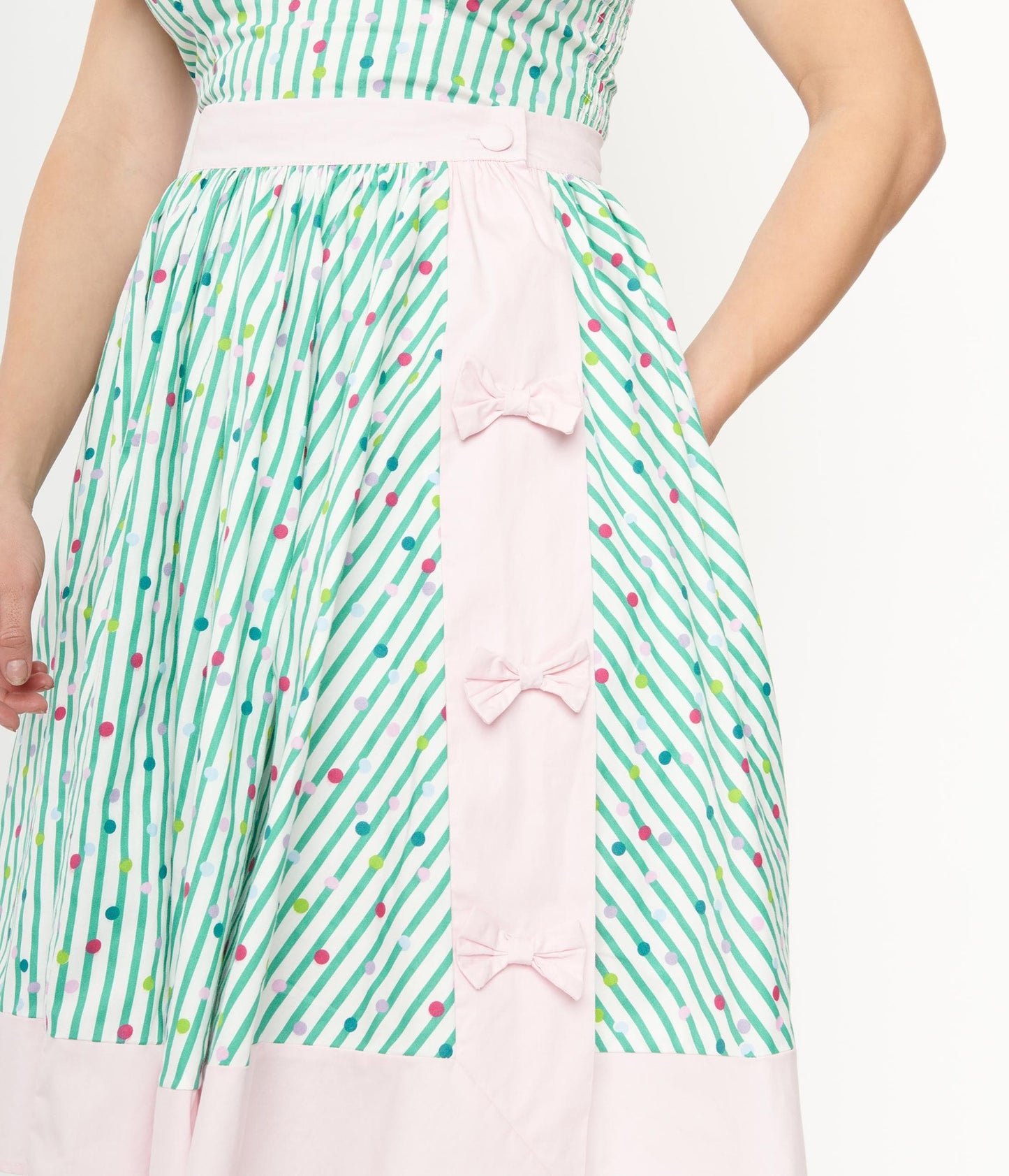 1950s Unique Vintage Green Striped & Multicolor Polka Dot Rye Swing Skirt