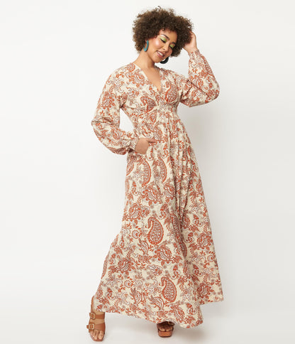 Unique Vintage Beige & Brick Red Paisley Buttercup Maxi Dress