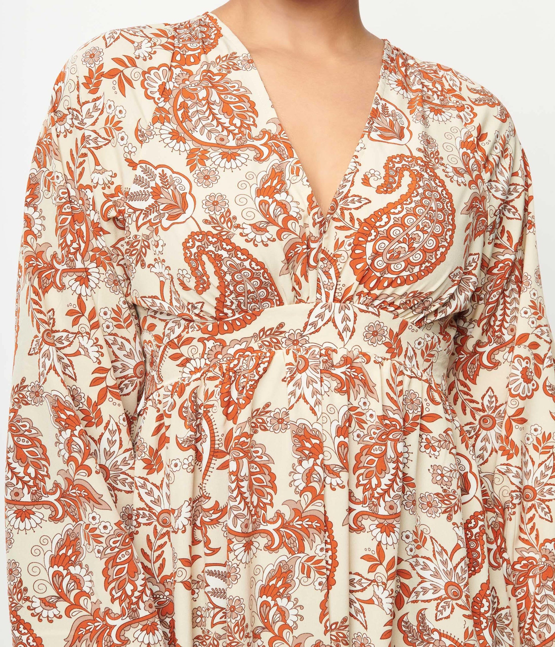 Unique Vintage Beige & Brick Red Paisley Buttercup Maxi Dress
