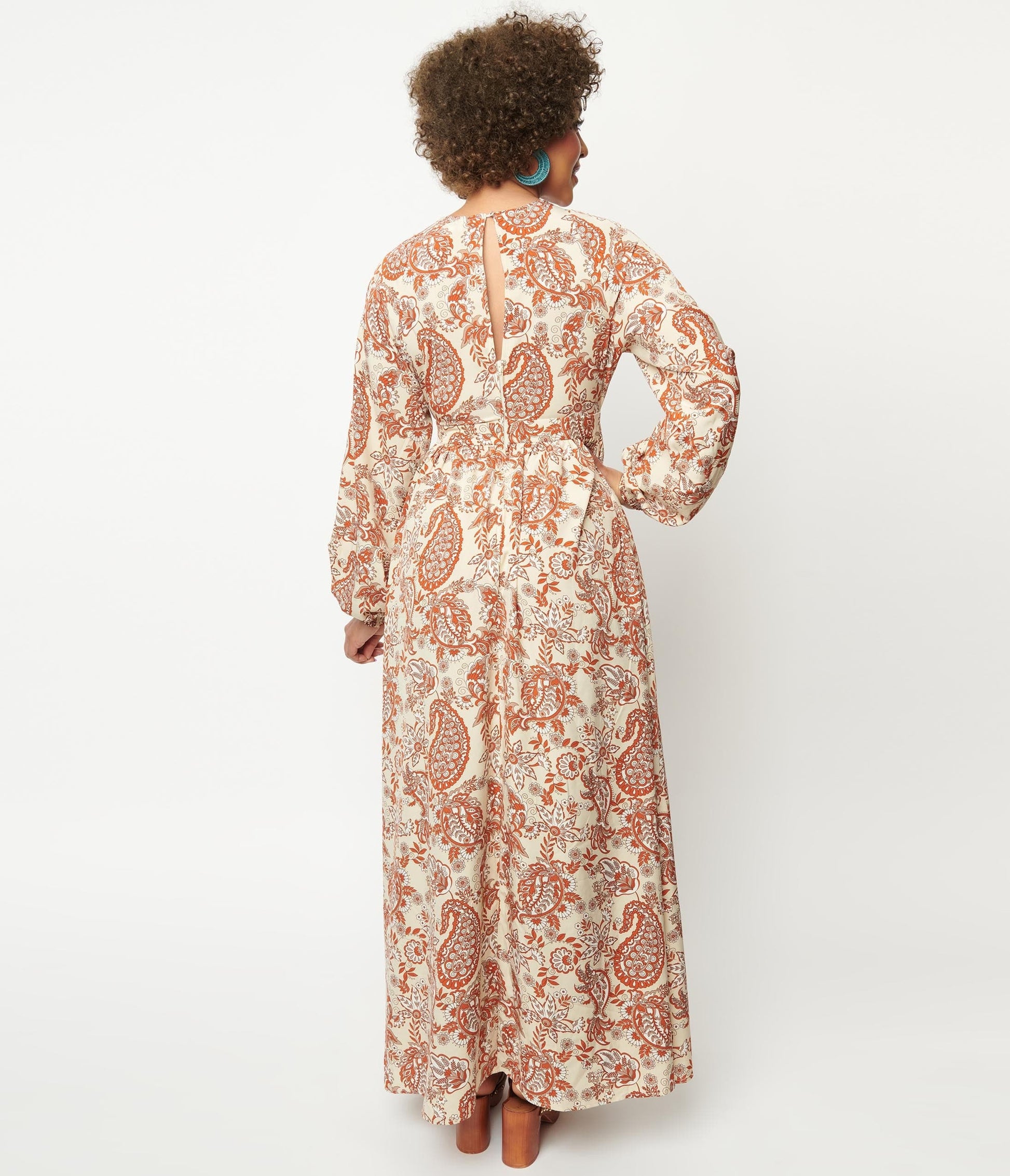Unique Vintage Beige & Brick Red Paisley Buttercup Maxi Dress