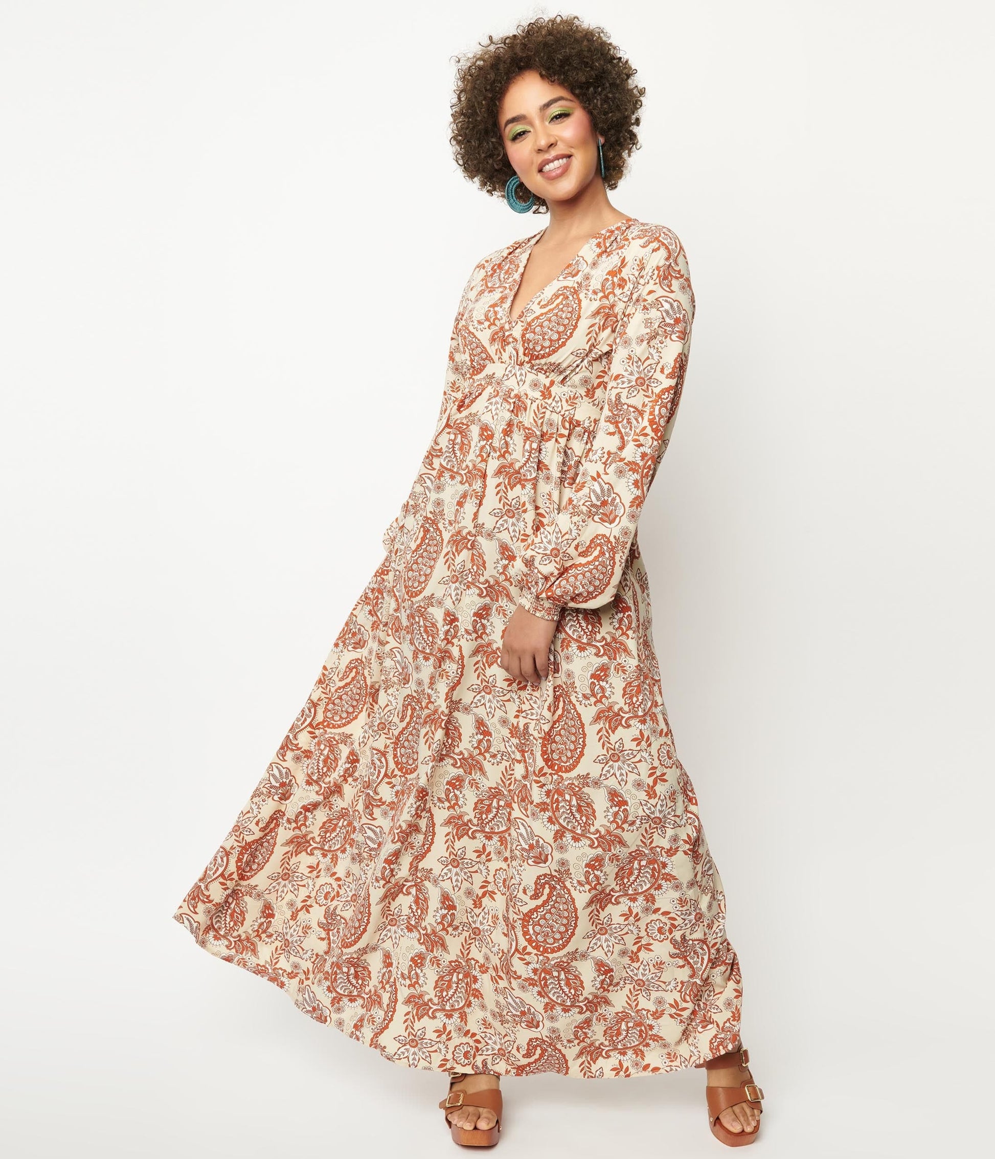 Unique Vintage Beige & Brick Red Paisley Buttercup Maxi Dress