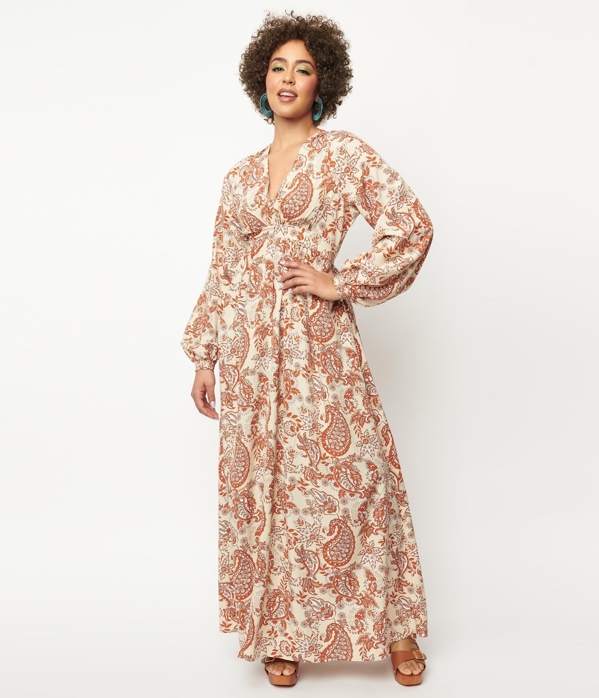 Unique Vintage Beige & Brick Red Paisley Buttercup Maxi Dress