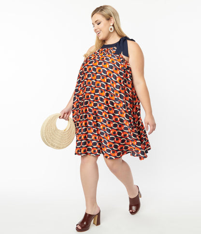 Smak Parlour Plus Size Navy & Red Chain Print Pleated Shift Dress