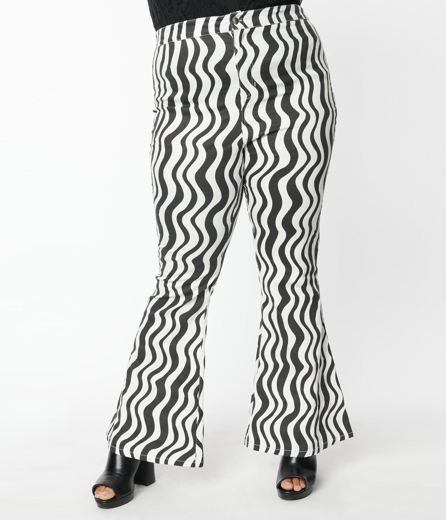 1960s Smak Parlour Plus Size Black & White Wavy Stripe Into The Groove Flare Jeans