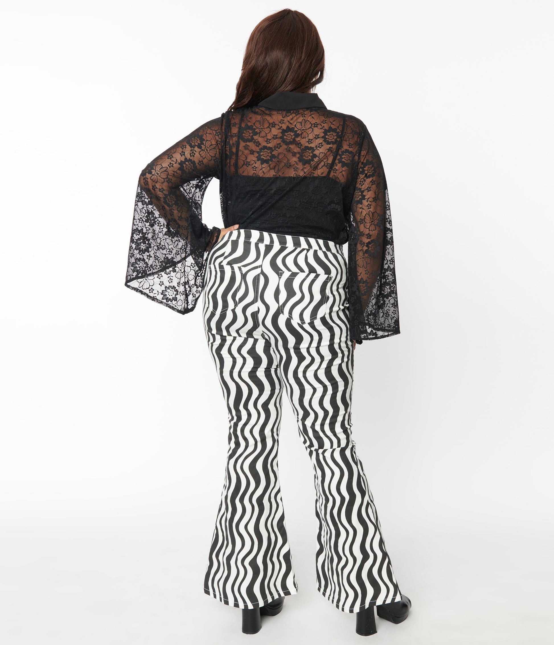 1960s Smak Parlour Plus Size Black & White Wavy Stripe Into The Groove Flare Jeans