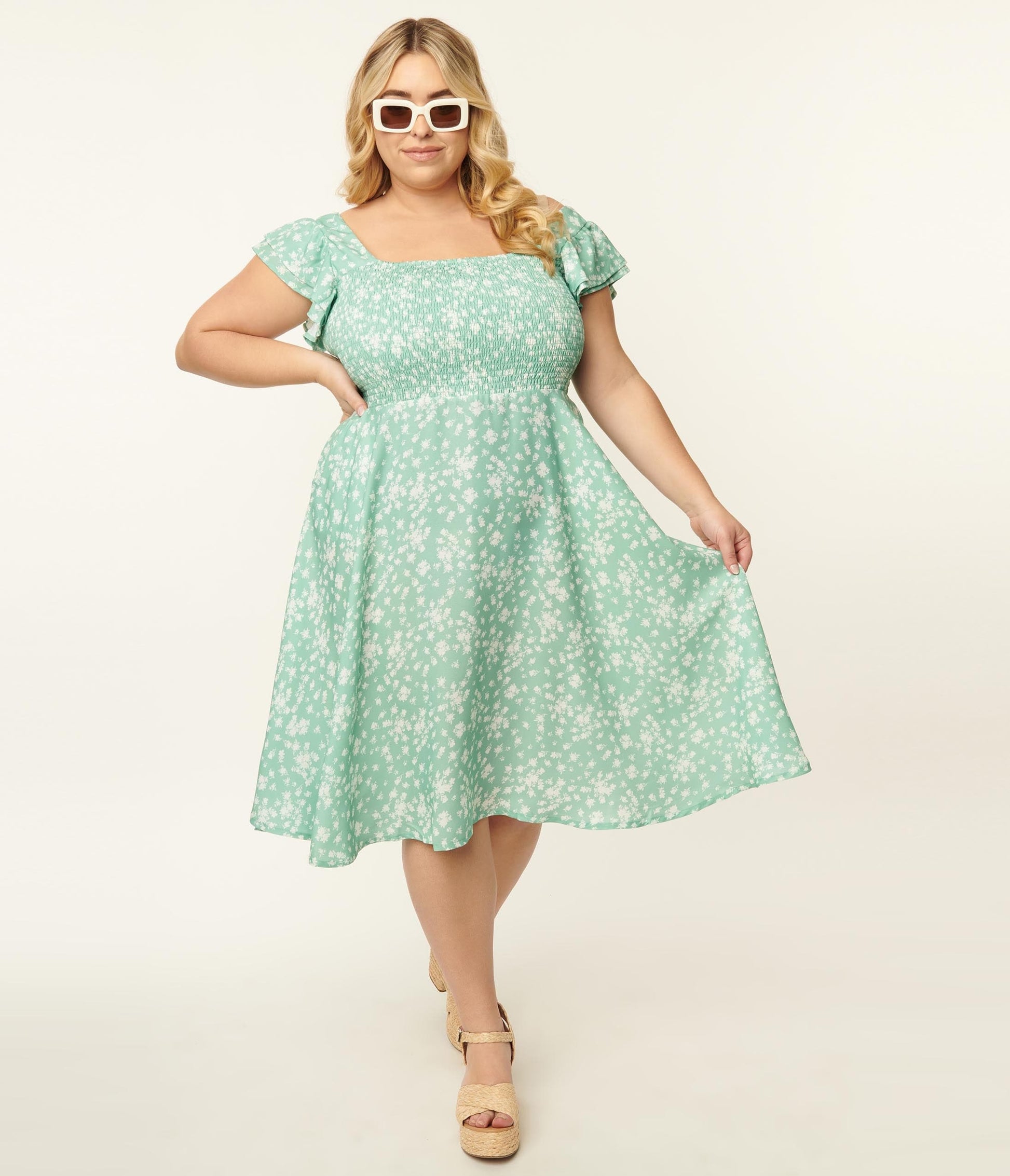 Plus Size Mint & White Floral Swing Dress