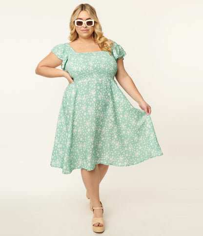 Plus Size Mint & White Floral Swing Dress