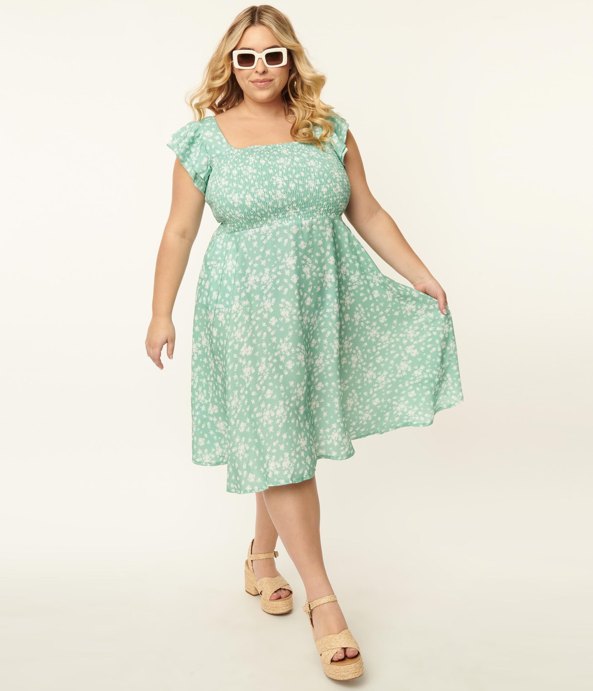Plus Size Mint & White Floral Swing Dress