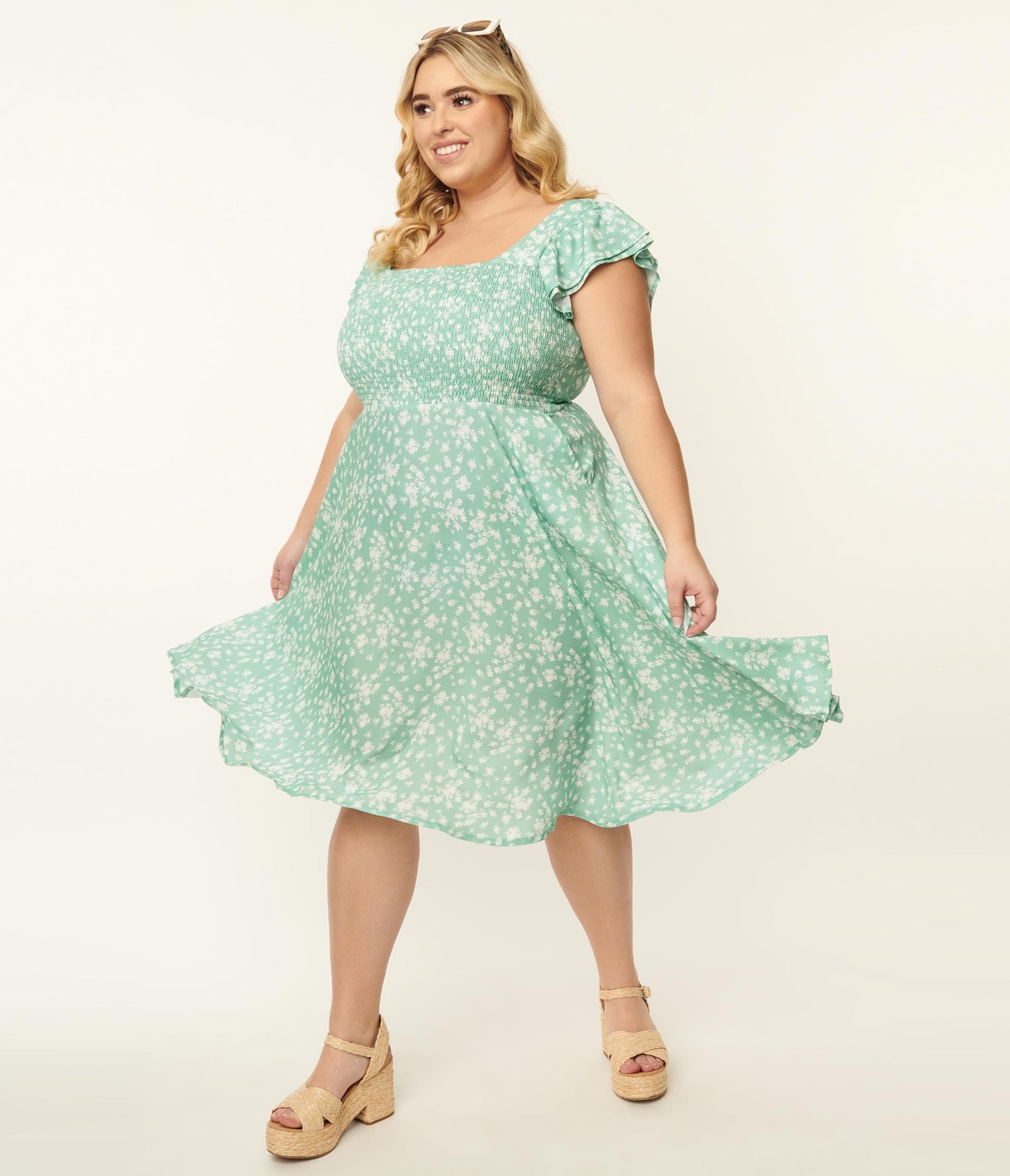 Plus Size Mint & White Floral Swing Dress