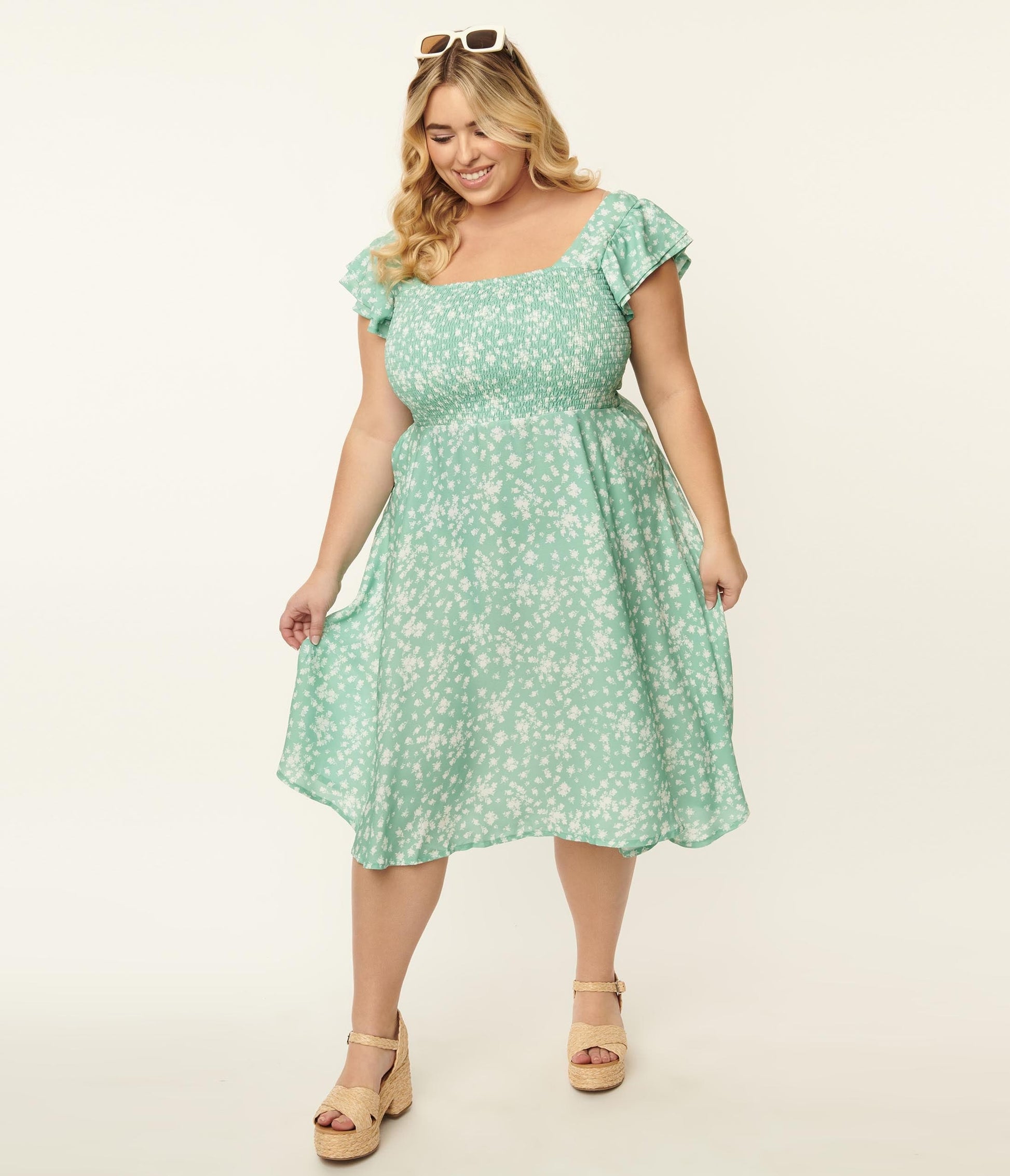 Plus Size Mint & White Floral Swing Dress
