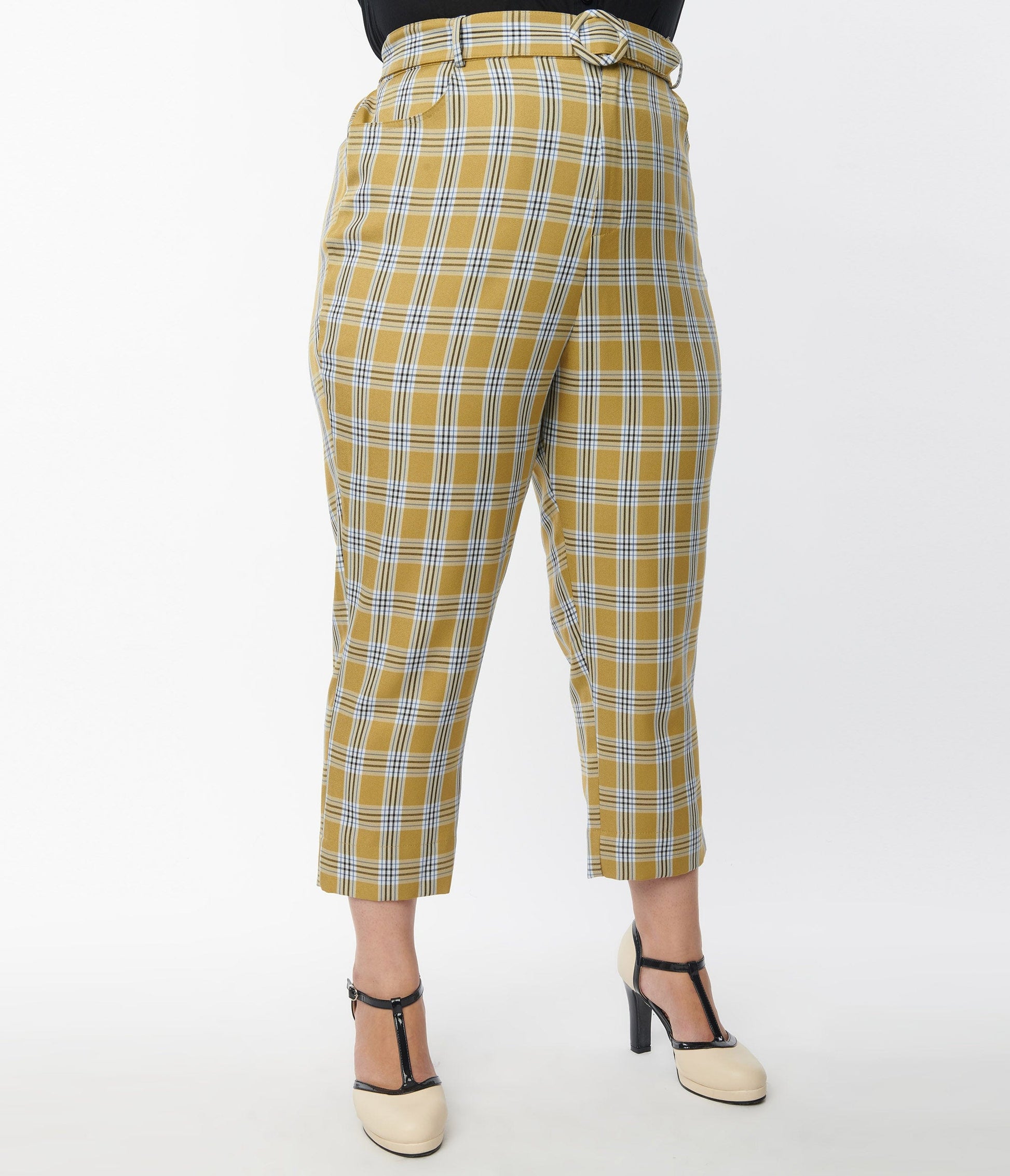 1970s Unique Vintage Plus Size Pale Green Plaid Belted Crop Pants