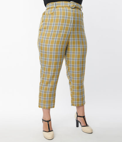 1970s Unique Vintage Plus Size Pale Green Plaid Belted Crop Pants