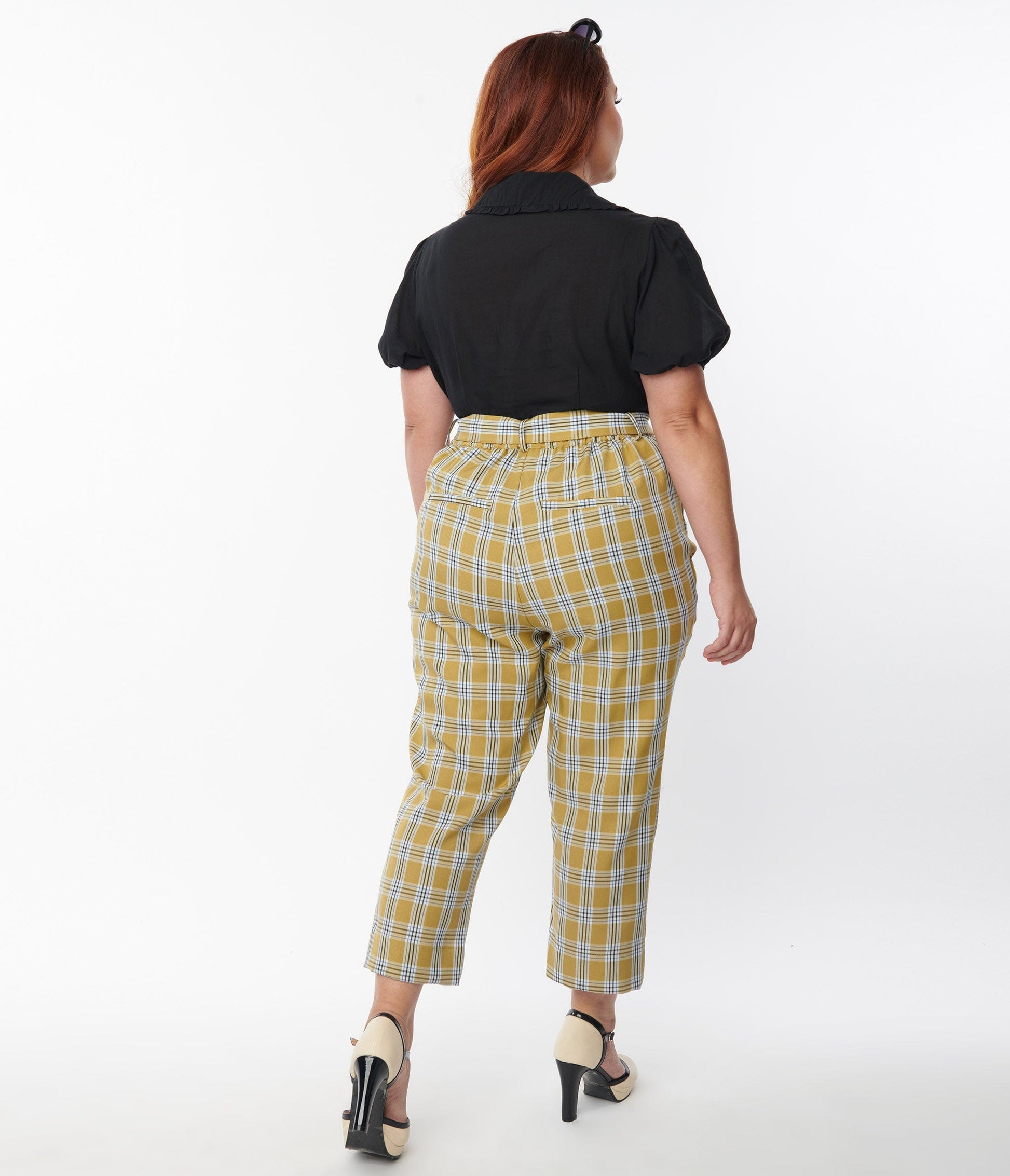 1970s Unique Vintage Plus Size Pale Green Plaid Belted Crop Pants