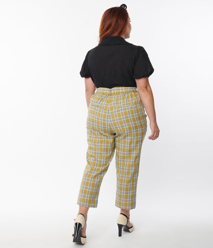 1970s Unique Vintage Plus Size Pale Green Plaid Belted Crop Pants