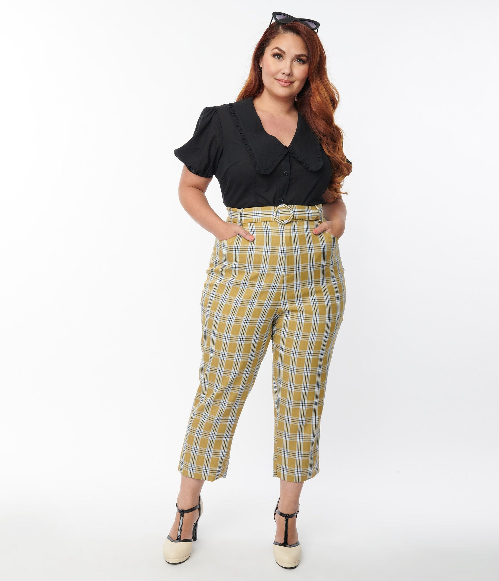 1970s Unique Vintage Plus Size Pale Green Plaid Belted Crop Pants