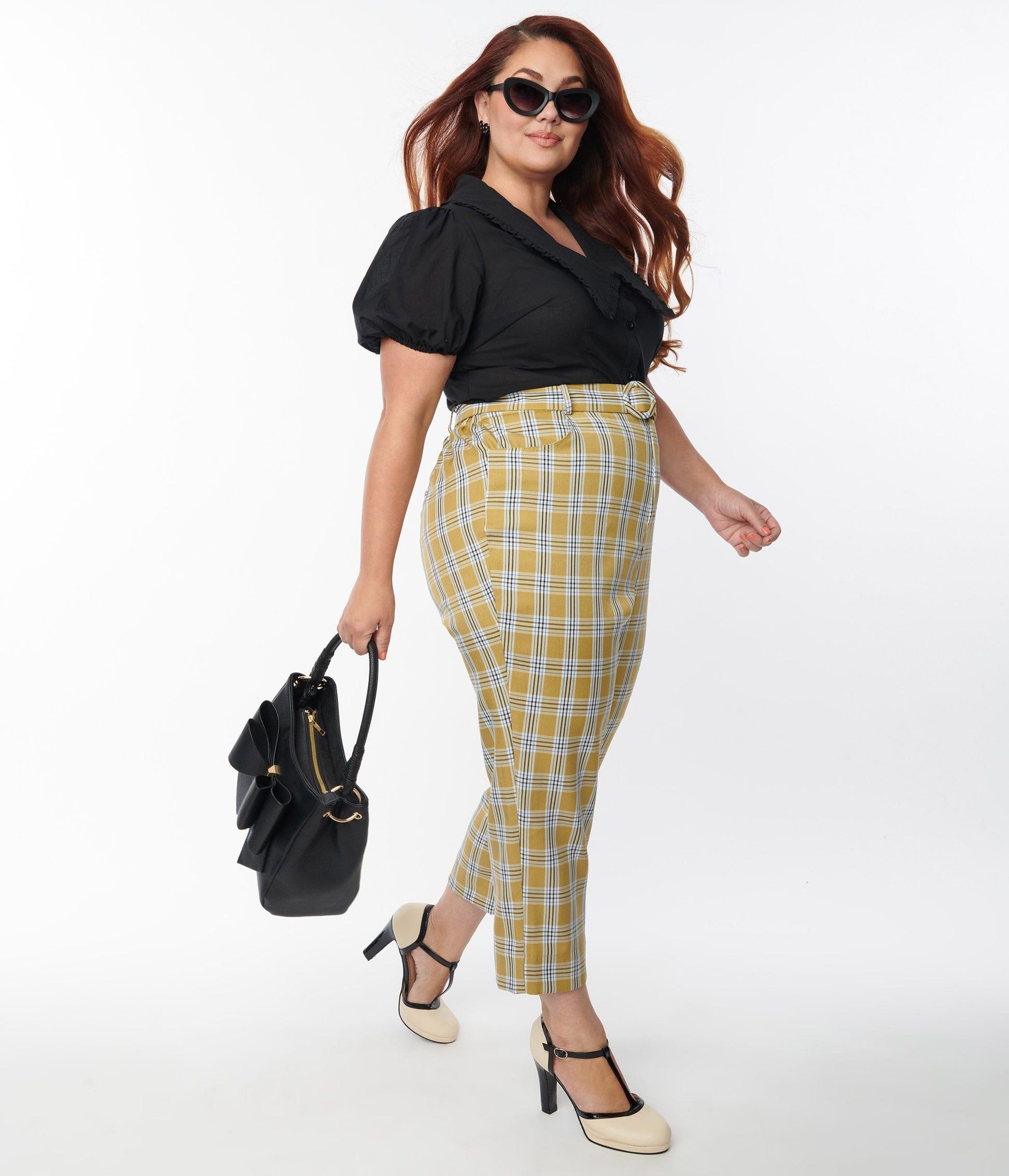 1970s Unique Vintage Plus Size Pale Green Plaid Belted Crop Pants