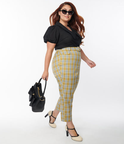 1970s Unique Vintage Plus Size Pale Green Plaid Belted Crop Pants