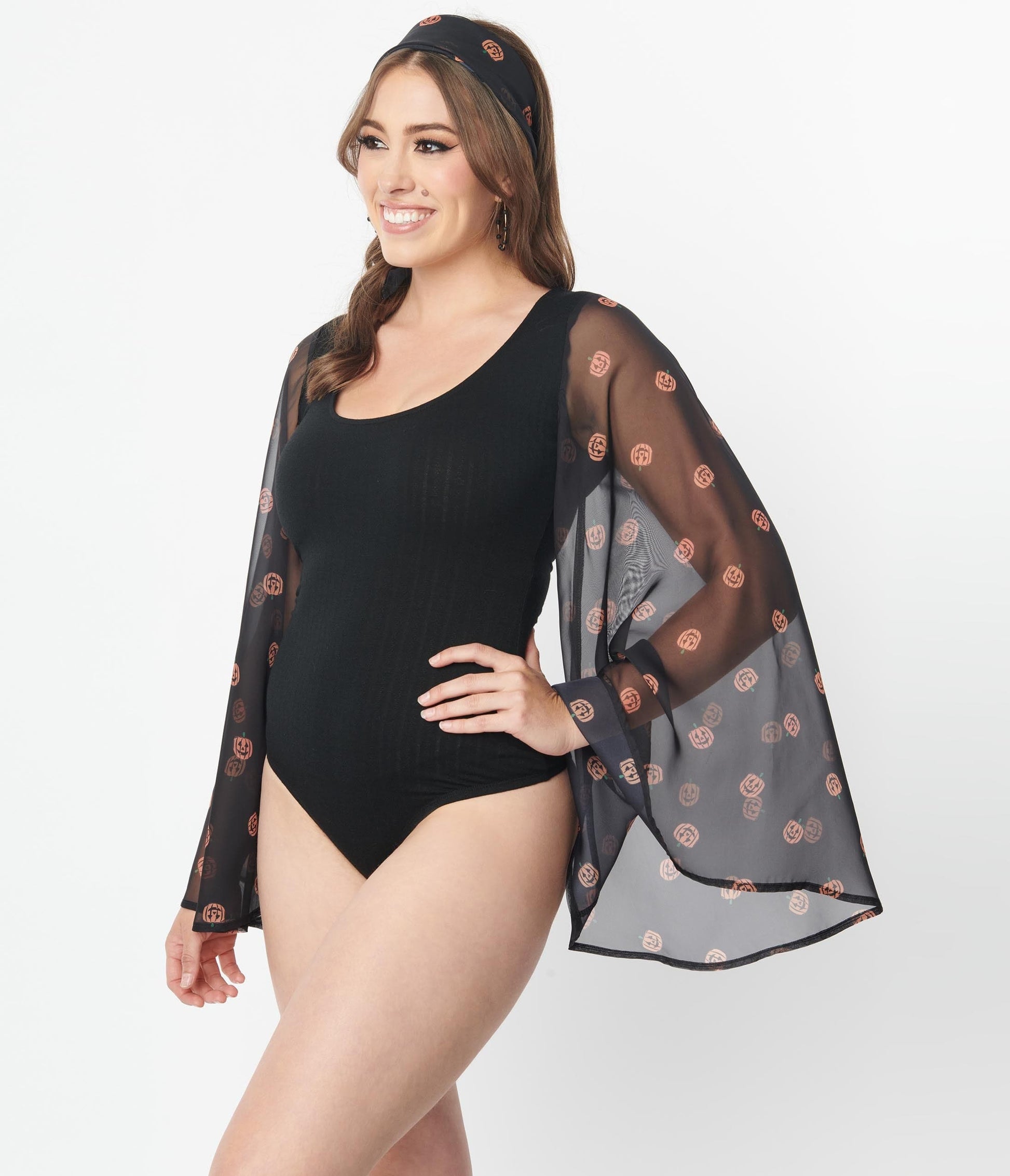 1970s Smak Parlour Black & Pumpkin Bell Sleeve Bodysuit