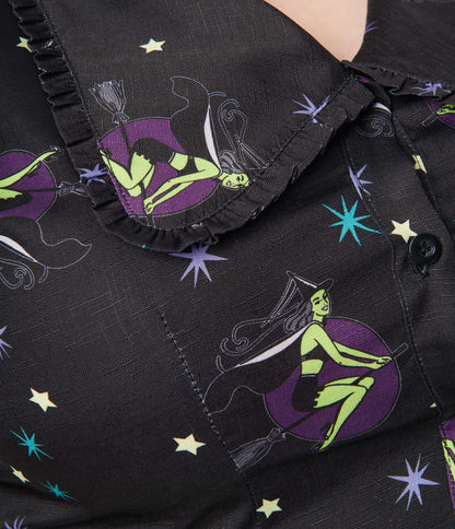 1930s Unique Vintage Plus Size Black & Pin-Up Witch Print Blouse