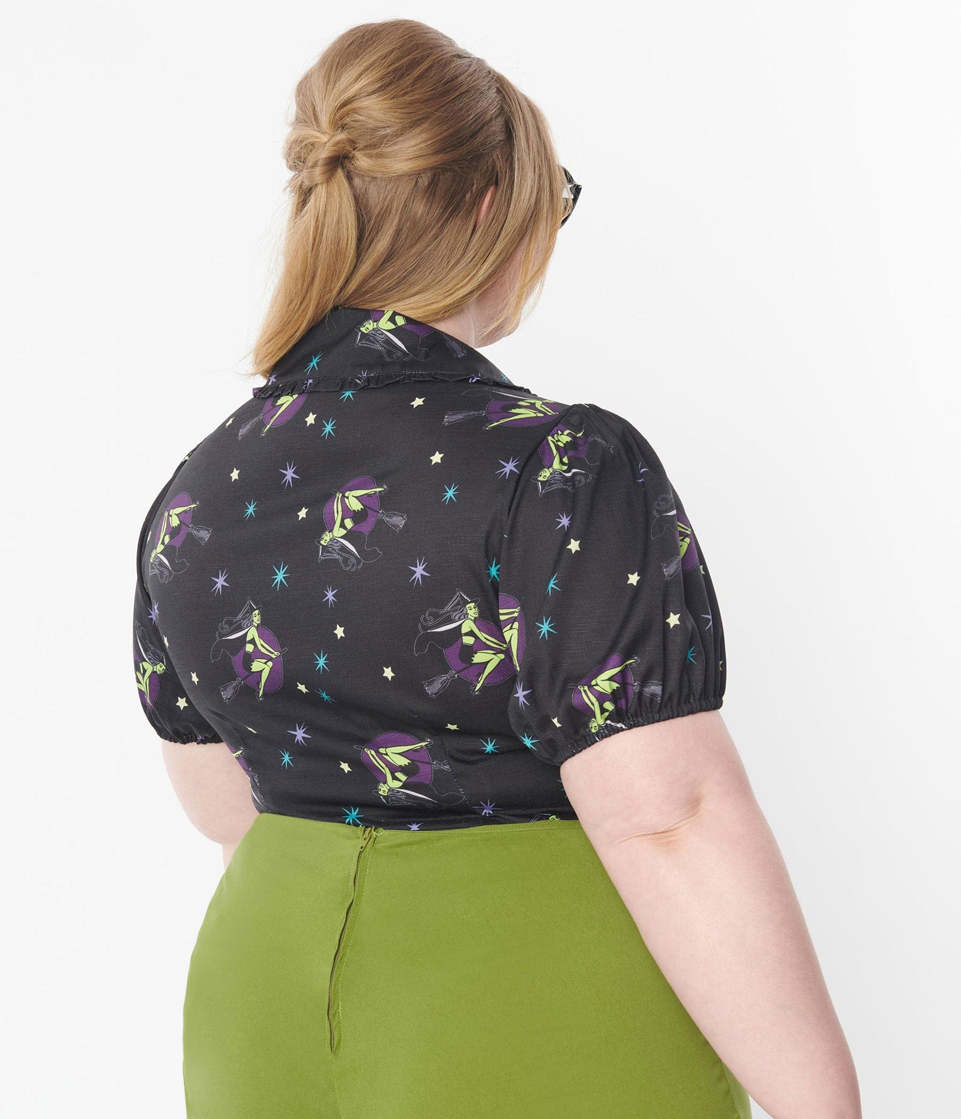 1930s Unique Vintage Plus Size Black & Pin-Up Witch Print Blouse