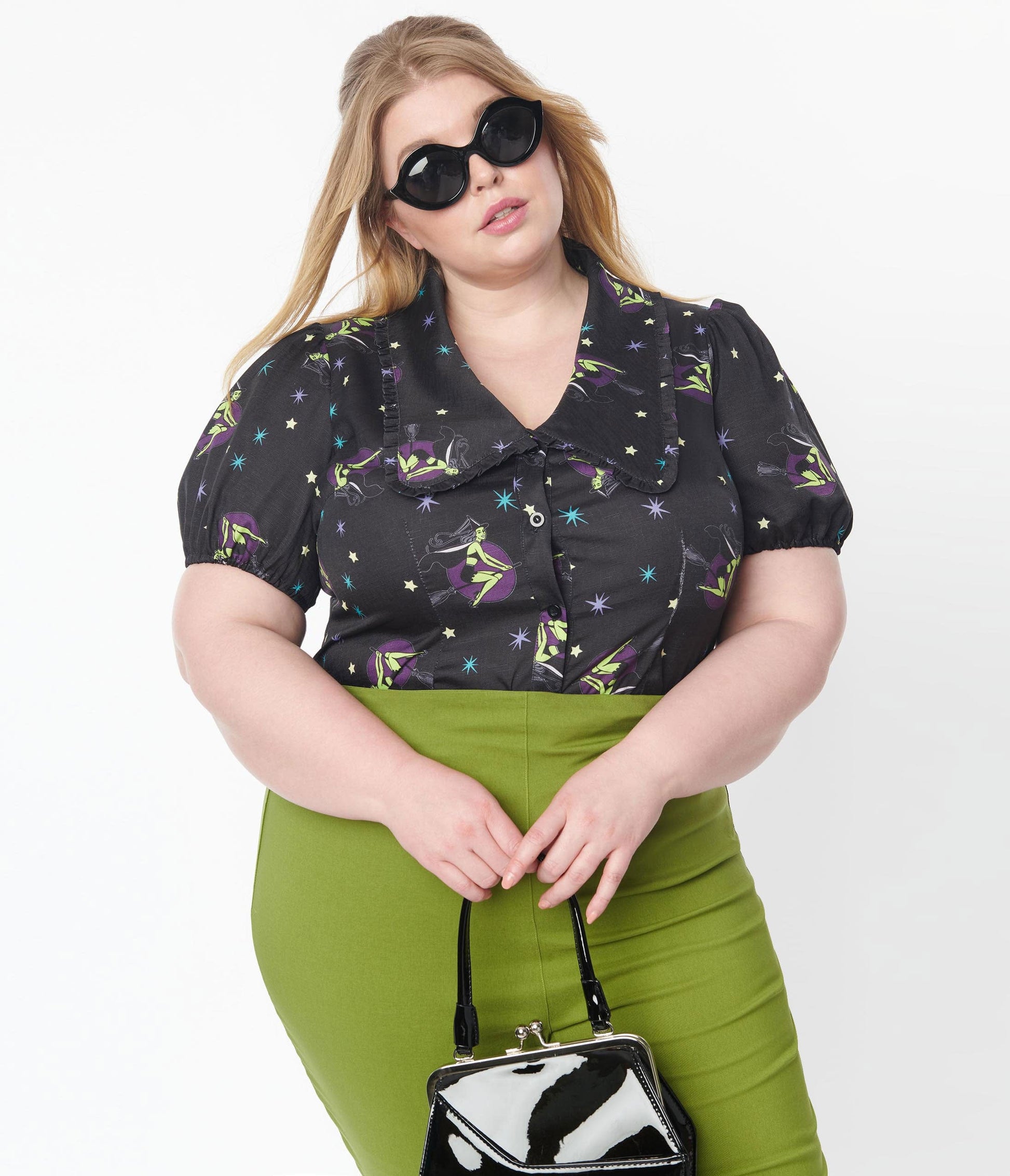1930s Unique Vintage Plus Size Black & Pin-Up Witch Print Blouse